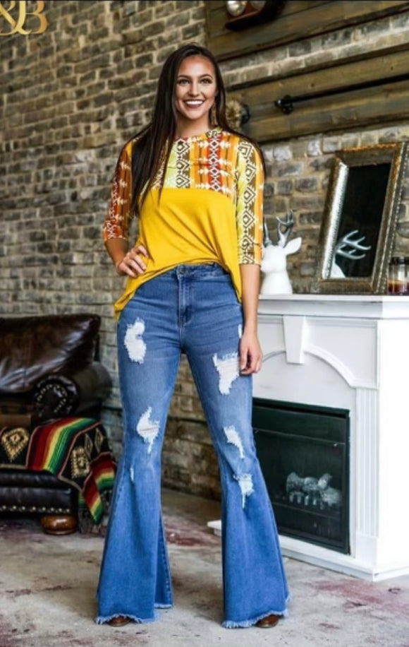 Western Distressed Bell Bottom Blue Jeans